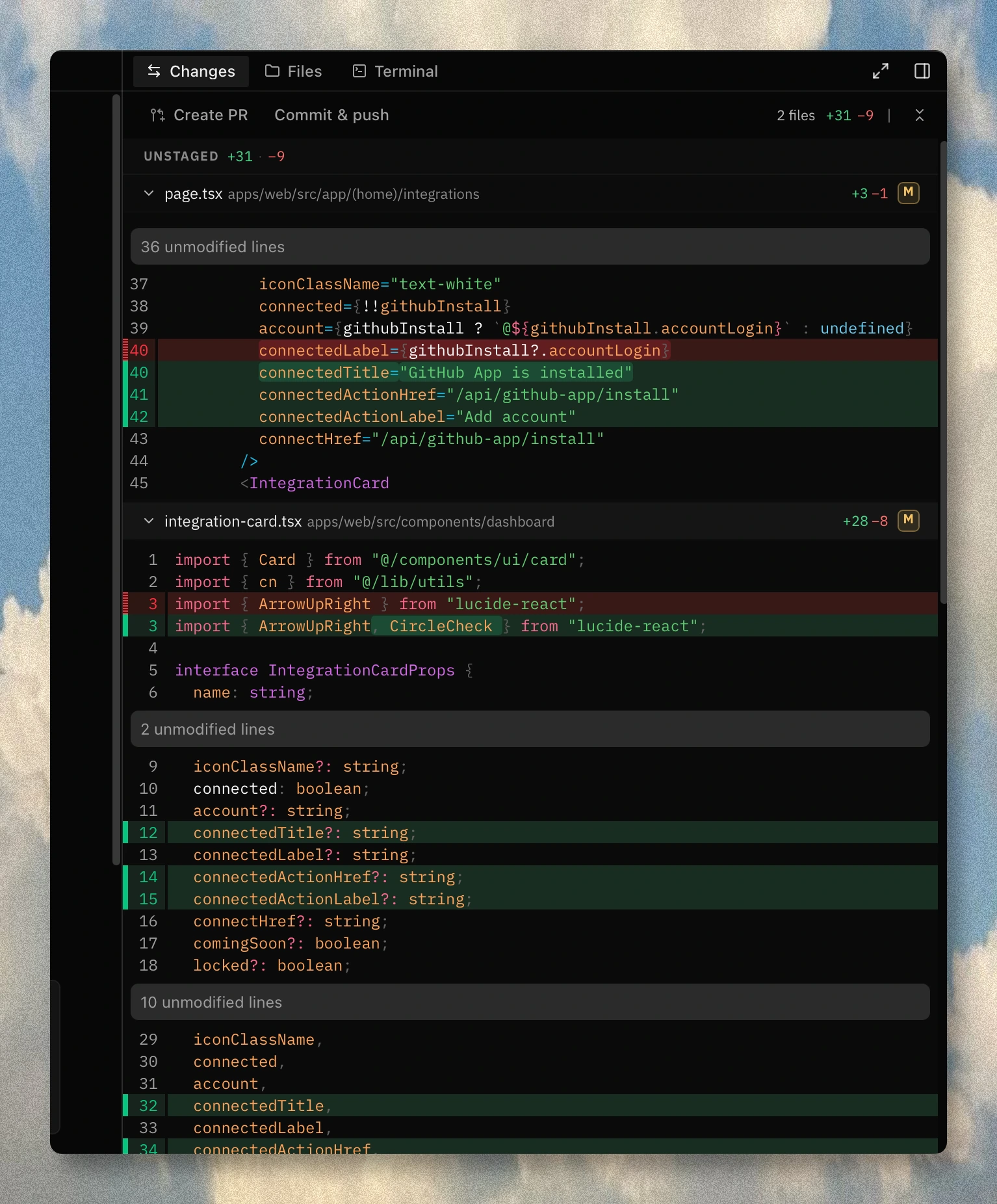 Metaphor Changes view showing file diffs with highlighted additions and deletions