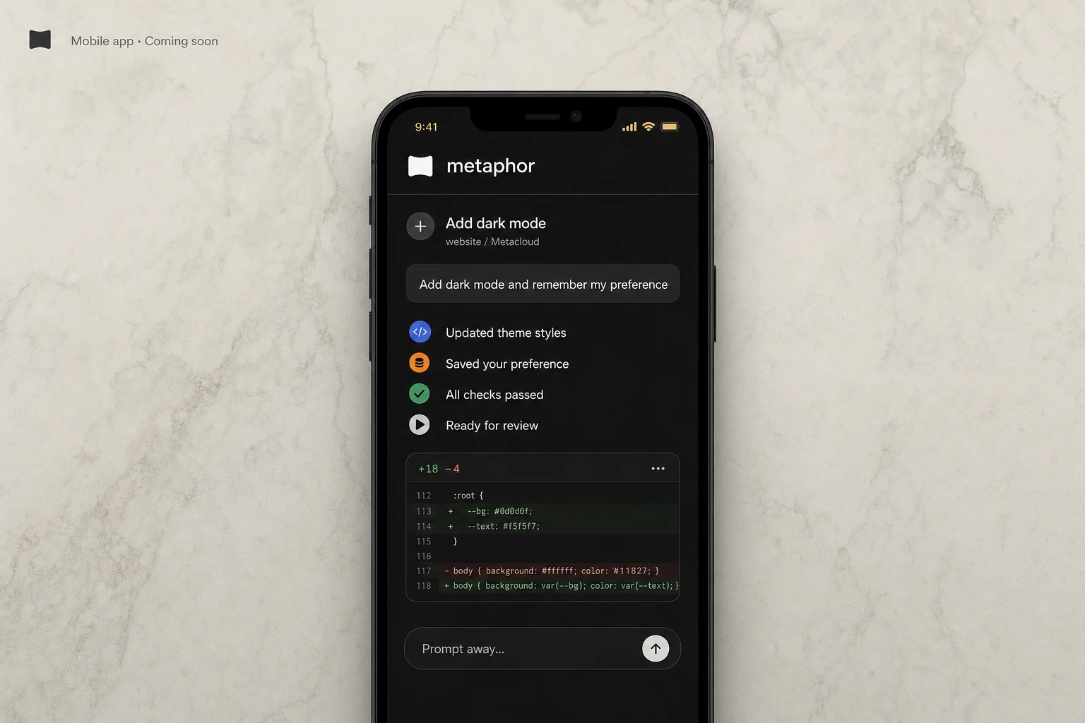 Concept of the upcoming Metaphor mobile app showing task progress and a code review on a phone