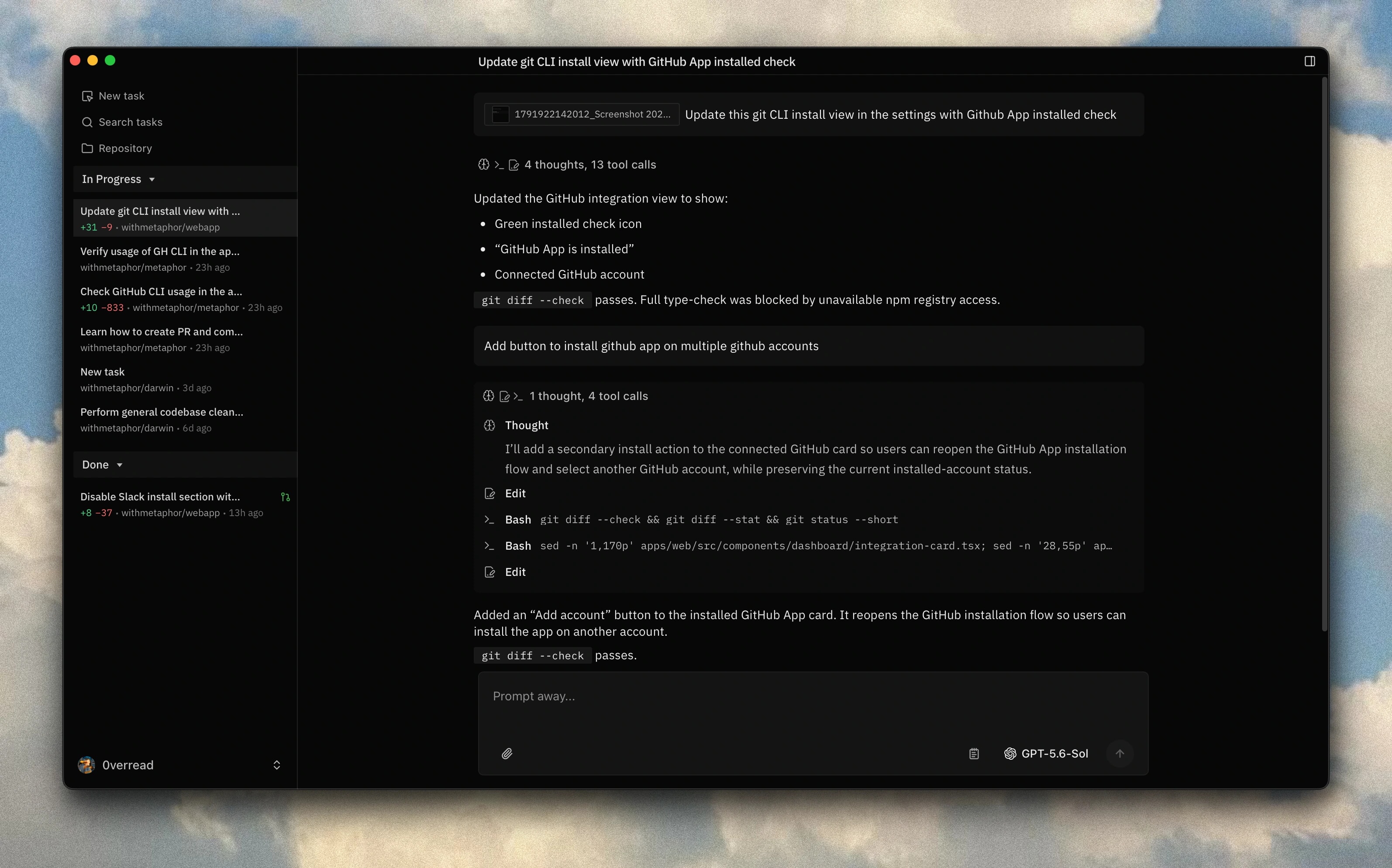 Metaphor desktop workspace showing coding tasks and an agent updating a GitHub integration